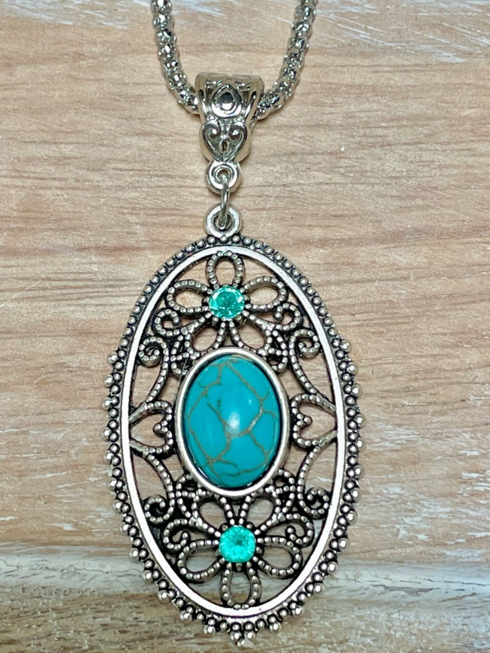 Silver Filigree Turquoise Oval Pendant Necklace - Women Jewelry - Picture 3 of 4